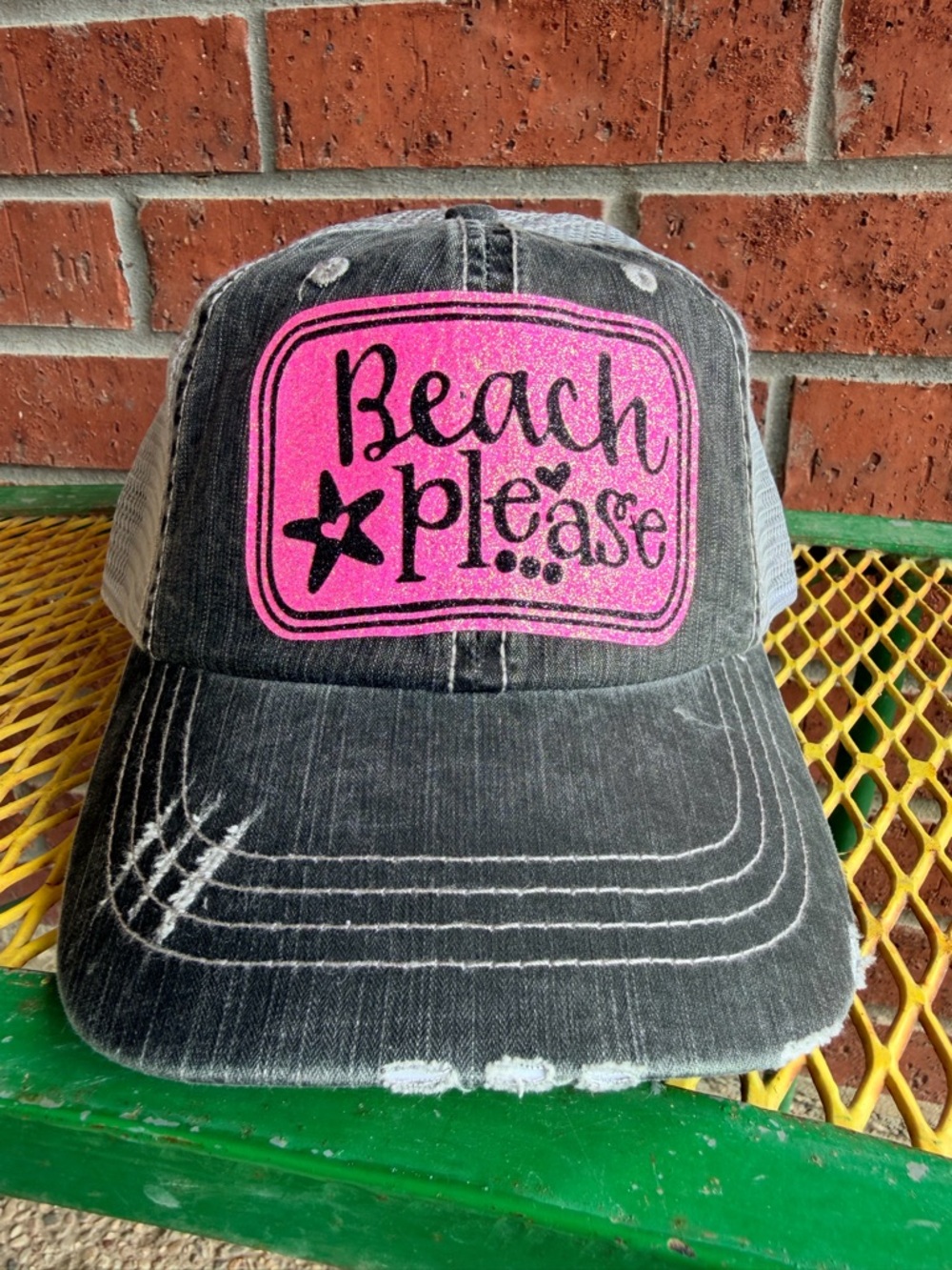 Beach Please Distressed Trucker Hat - Pink Logo
